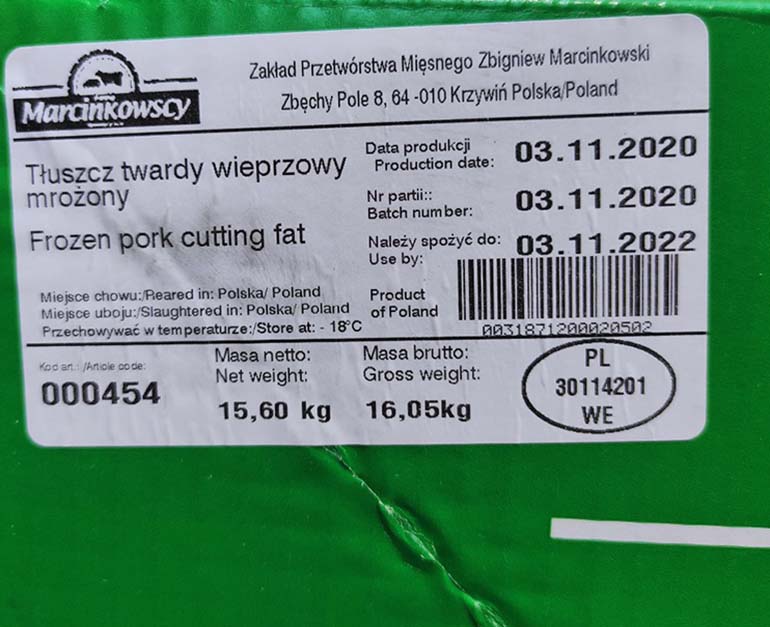 Mỡ heo đông lạnh Marcinkowscy nhập khẩu - Thực Phẩm Phúc Đạt
